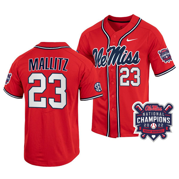 Mens Youth Ole Miss Rebels #23 Josh Mallitz Red 2022 College Baseball World Series Champions Jersey