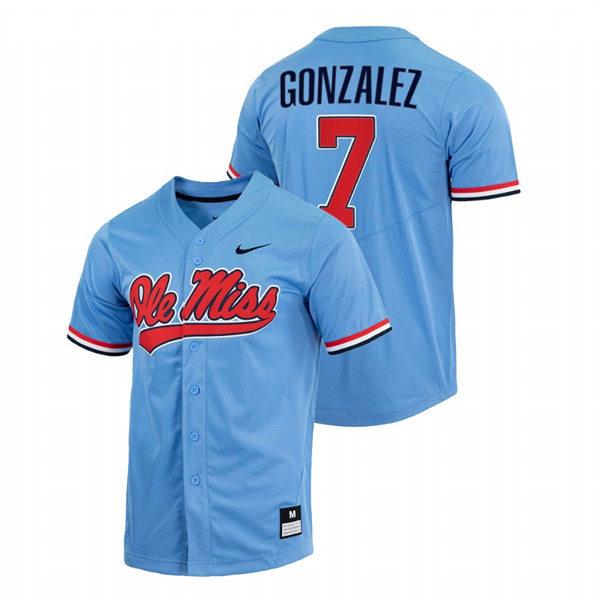 Mens Youth Ole Miss Rebels #7 Jacob Gonzalez Powder Blue College Baseball Game Jersey