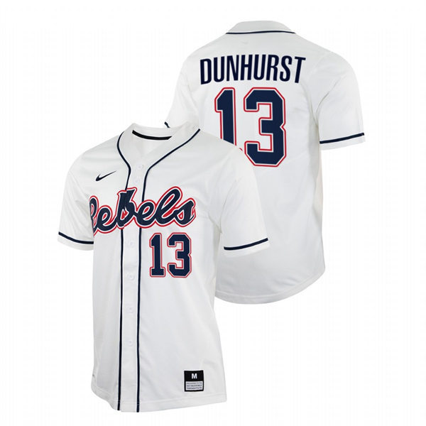 Mens Youth Ole Miss Rebels #13 Hayden Dunhurst White College Baseball Game Jersey