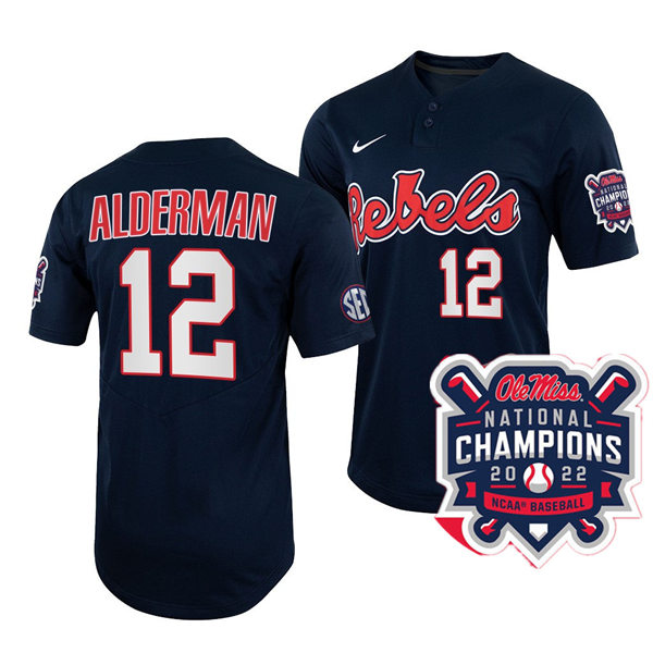 Mens Youth Ole Miss Rebels #12 Kemp Alderman Navy 2022 College Baseball World Series Champions Jersey