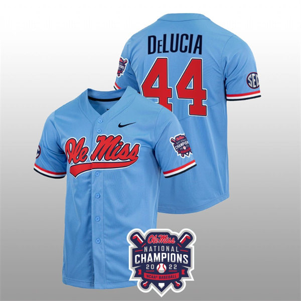 Mens Youth Ole Miss Rebels #44 Dylan DeLucia Powder Blue 2022 College Baseball World Series Champions Jersey