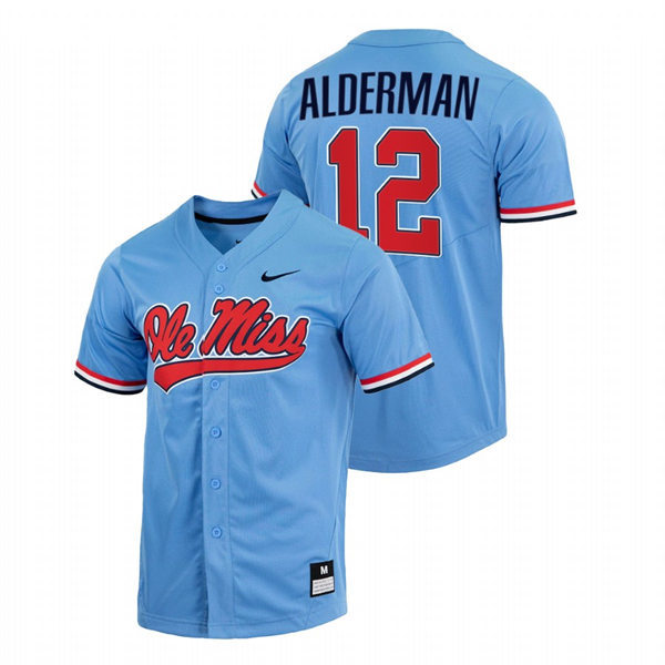 Mens Youth Ole Miss Rebels #12 Kemp Alderman Powder Blue College Baseball Game Jersey