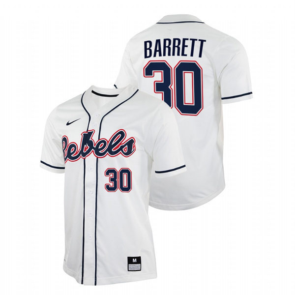Mens Youth Ole Miss Rebels #30 Aaron Barrett White College Baseball Game Jersey