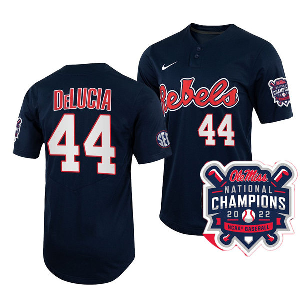 Mens Youth Ole Miss Rebels #44 Dylan DeLucia Navy 2022 College Baseball World Series Champions Jersey