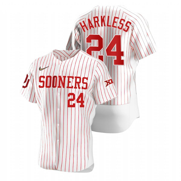 Mens Youth Oklahoma Sooners #24 Elijah Harkless White Pinstripe College Baseball Limited Jersey