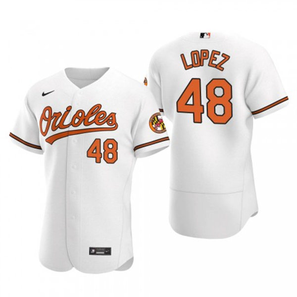 Mens Baltimore Orioles #48 Jorge Lopez White Home FlexBase Player Jersey