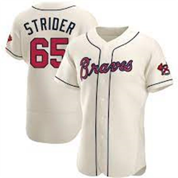 Mens Atlanta Braves #65 Spencer Strider Cream Alternate FlexBase Player Jersey