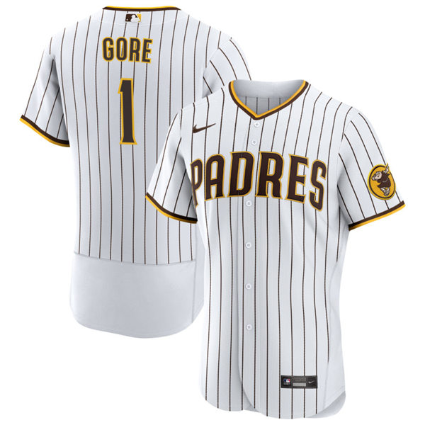 Mens San Diego Padres #1 MacKenzie Gore White Brown Pinstripe Home FlexBase Player Jersey