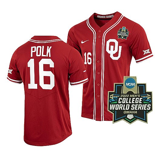 Mens Youth Oklahoma Sooners #16 Hudson Polk Crimson With Strip 2022 College World Series Baseball Jersey
