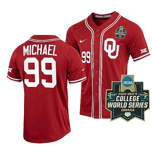 Mens Youth Oklahoma Sooners #99 Trevin Michael Crimson With Strip 2022 College World Series Baseball Jersey