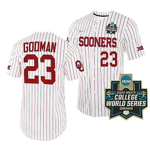 Mens Youth Oklahoma Sooners #23 Jaret Godman White Pinstripe 2022 College World Series Baseball Jersey