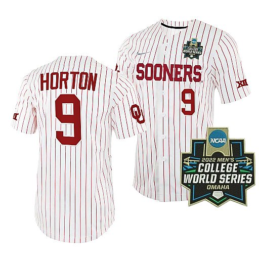 Mens Youth Oklahoma Sooners #9 Cade Horton White Pinstripe 2022 College World Series Baseball Jersey