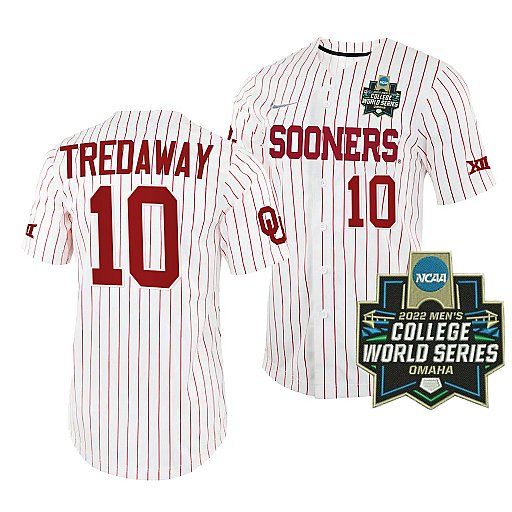 Mens Youth Oklahoma Sooners #10 Tanner Tredaway White Pinstripe 2022 College World Series Baseball Jersey