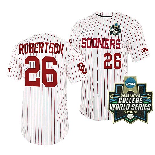Mens Youth Oklahoma Sooners #26 Blake Robertson White Pinstripe 2022 College World Series Baseball Jersey