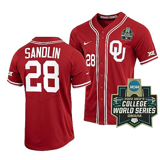 Mens Youth Oklahoma Sooners #28 David Sandlin Crimson With Strip 2022 College World Series Baseball Jersey