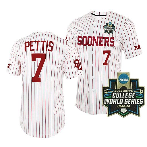 Mens Youth Oklahoma Sooners #7 Kendall Pettis White Pinstripe 2022 College World Series Baseball Jersey