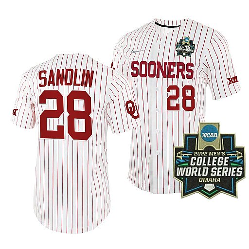 Mens Youth Oklahoma Sooners #28 David Sandlin White Pinstripe 2022 College World Series Baseball Jersey