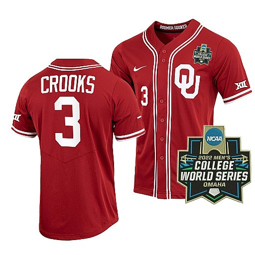 Mens Youth Oklahoma Sooners #3 Jimmy Crooks Crimson With Strip 2022 College World Series Baseball Jersey