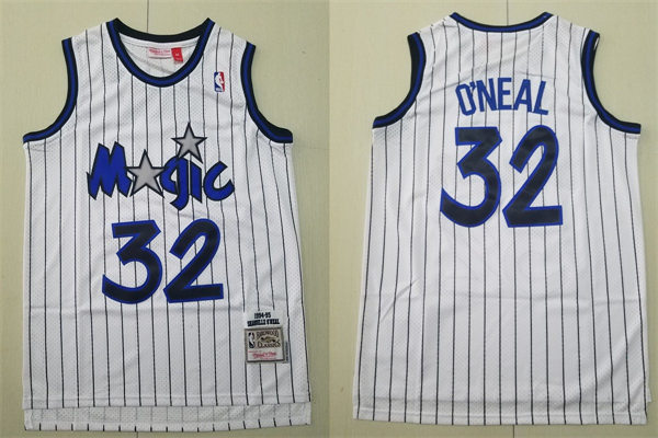 Mens Orlando Magic #32 Shaquille O'neal White Pinstripe 1994-95 Throwback Jersey