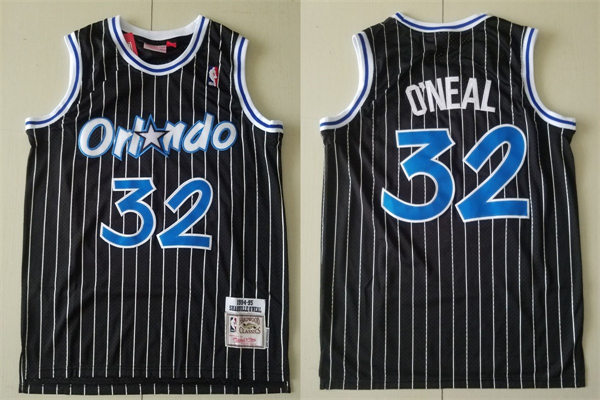 Mens Orlando Magic #32 Shaquille O'neal Black Pinstripe 1994-95 Throwback Jersey