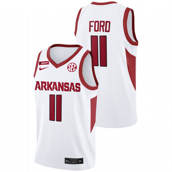 Mens Youth Arkansas Razorbacks #11 Derrian Ford White Home College Basketball Game Jersey