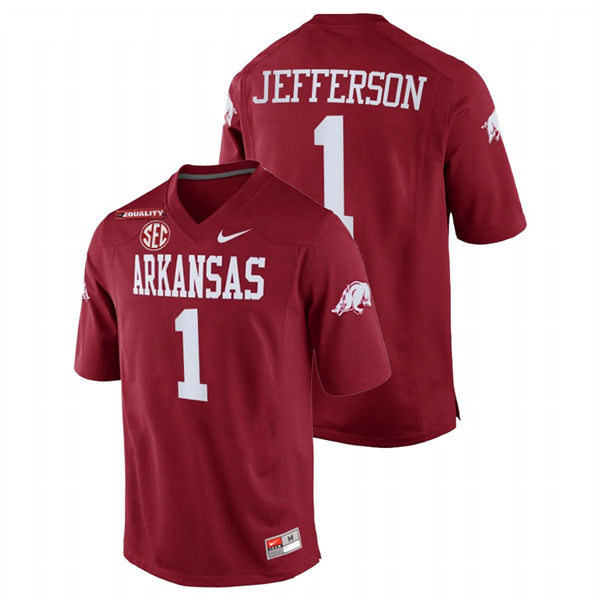 Mens Youth Arkansas Razorbacks #1 KJ Jefferson 2021-22 Cardinal Arkansas College Football Game Jersey