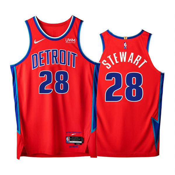 Mens Detroit Pistons #28 Isaiah Stewart Diamond Badge Red 2021-22 City Edition Jersey