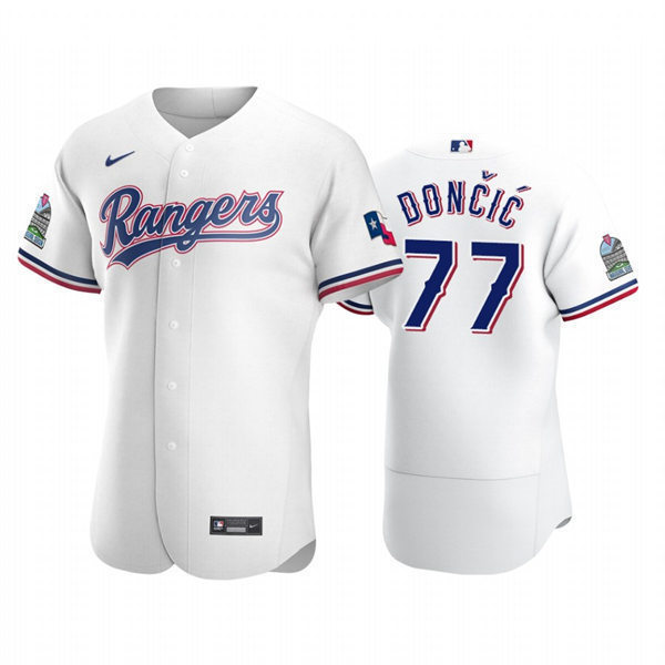 Mens Youth Texas Rangers #77 Luka Doncic Dallas Mavericks White Home FlexBase Baseball Jersey 