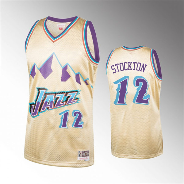 Men's Utah Jazz #12 John Stockton Beige Soul Throwback Jersey
