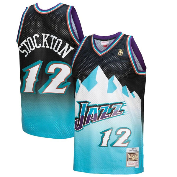 Mens Utah Jazz #12 John Stockton Black Light Blue 1996-97 Hardwood Classics Fadeaway Jersey