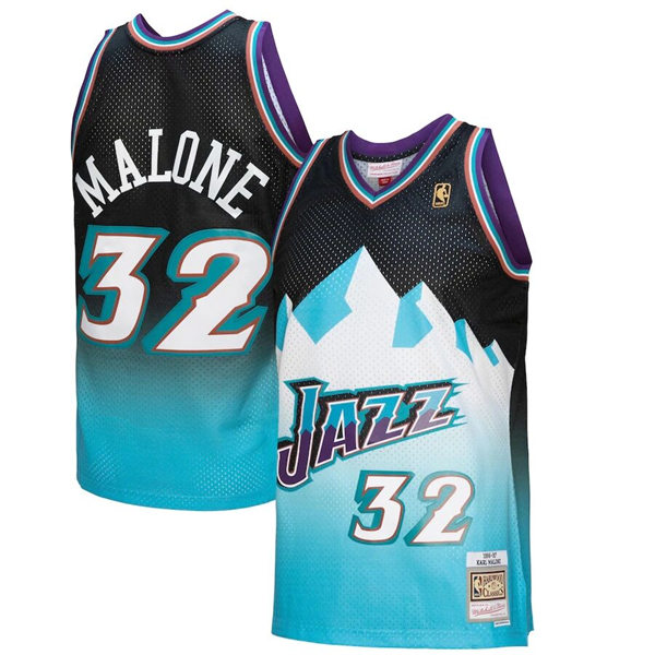 Mens Utah Jazz #32 Karl Malone Black Light Blue 1996-97 Hardwood Classics Fadeaway Jersey