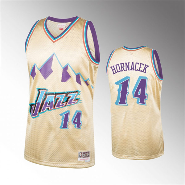 Men's Utah Jazz #14 Jeff Hornacek Beige Soul Throwback Jersey