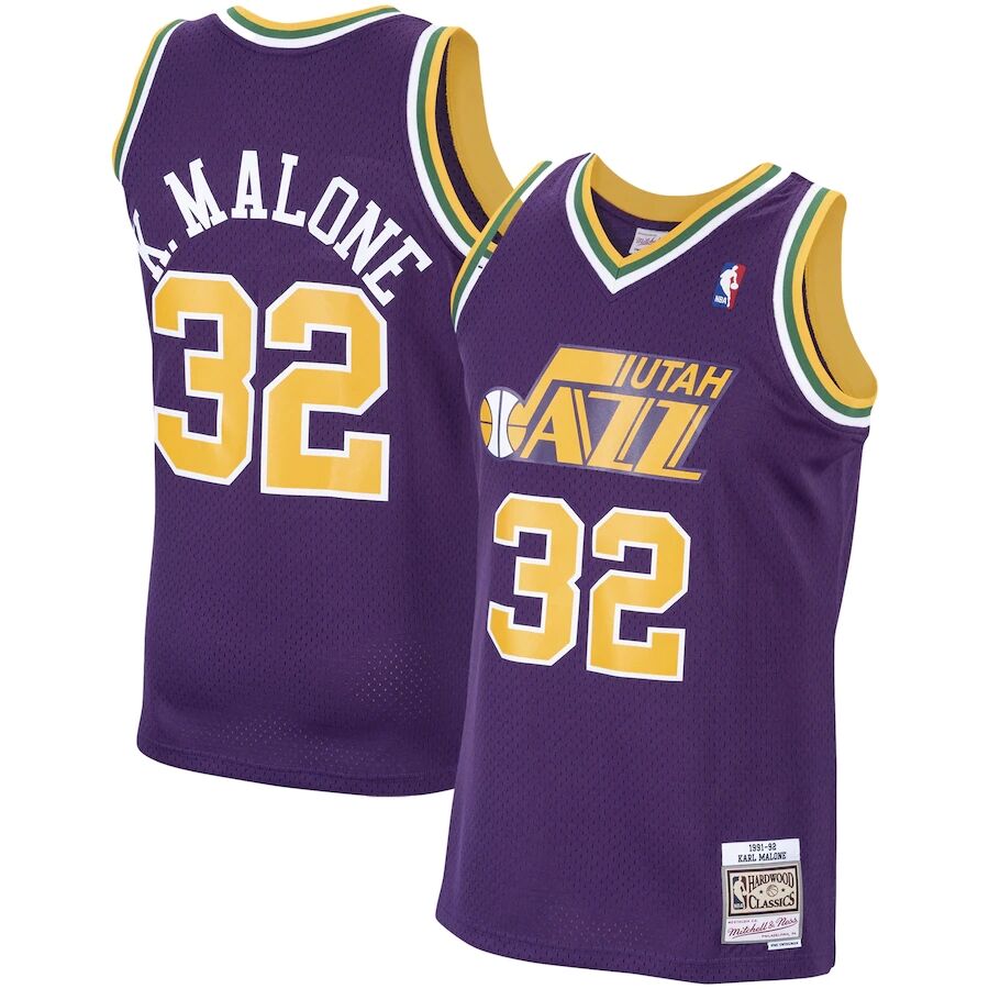 Mens Utah Jazz #32 Karl Malone Purple Gold 1991-92 Hardwood Classics Swingman Jersey