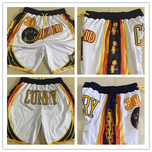 Mens Golden State Warriors #30 Stephen Curry 2015 2017 2018 2022 4X NBA Finals Champions Shorts White