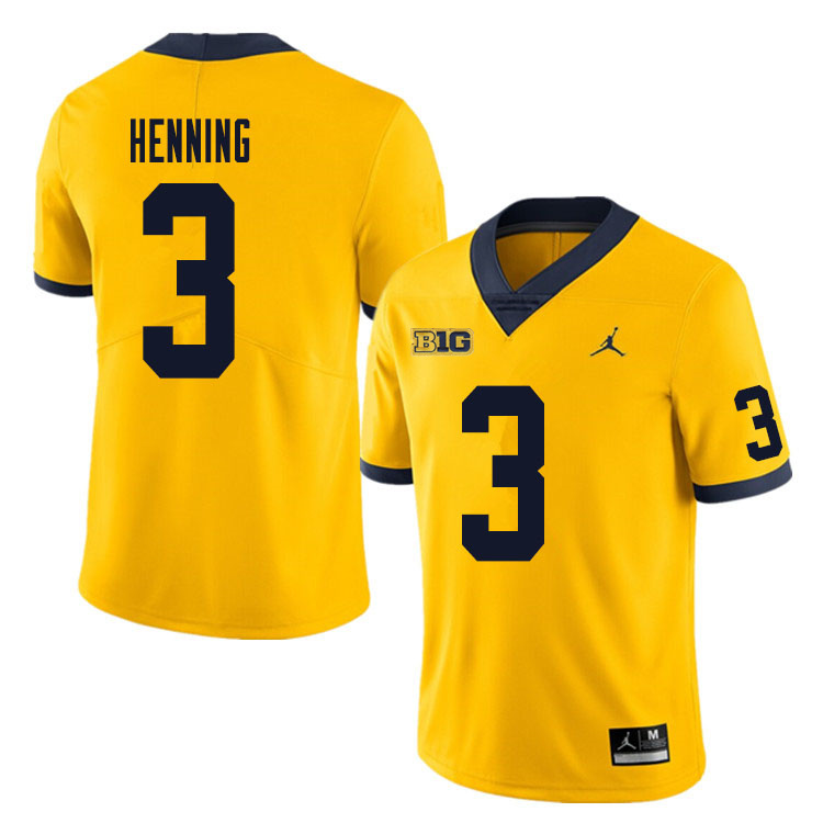 Mens Michigan Wolverines #3 A.J. Henning Maize College Football Game Jersey