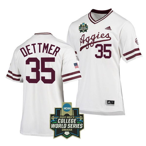 Mens Youth Texas A&M Aggies #35 Nathan Dettmer 2022 College World Series Baseball Jersey White Pullover