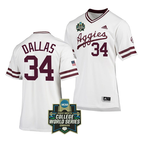 Mens Youth Texas A&M Aggies #34 Micah Dallas 2022 College World Series Baseball Jersey White Pullover