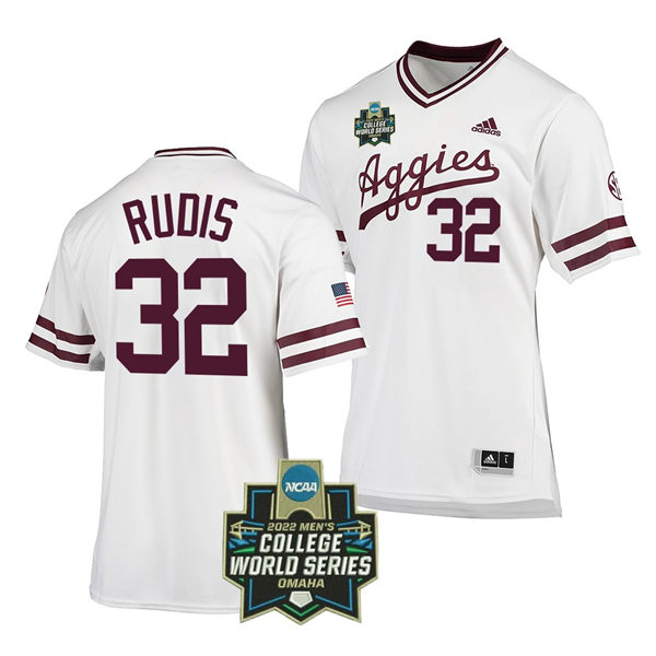 Mens Youth Texas A&M Aggies #32 Brad Rudis 2022 College World Series Baseball Jersey White Pullover