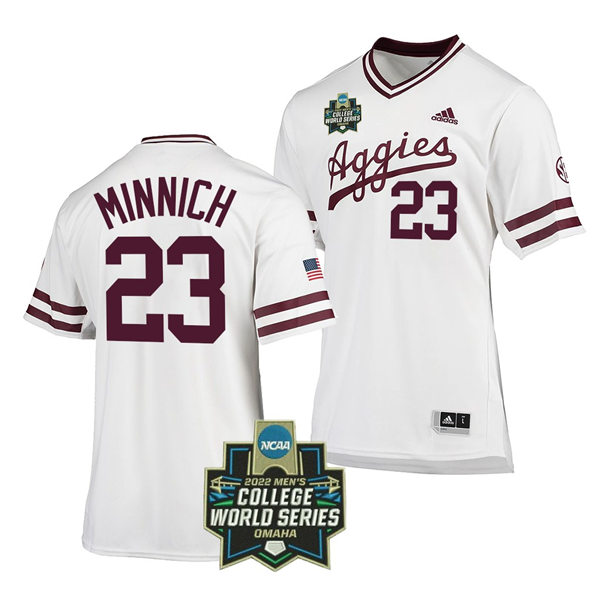 Mens Youth Texas A&M Aggies #23 Brett Minnich 2022 College World Series Baseball Jersey White Pullover