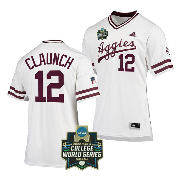 Mens Youth Texas A&M Aggies #12 Troy Claunch 2022 College World Series Baseball Jersey White Pullover