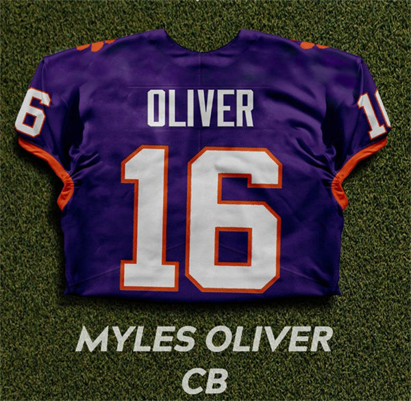 Mens Clemson Tigers #16 Myles Oliver Purple College Football Game Jersey