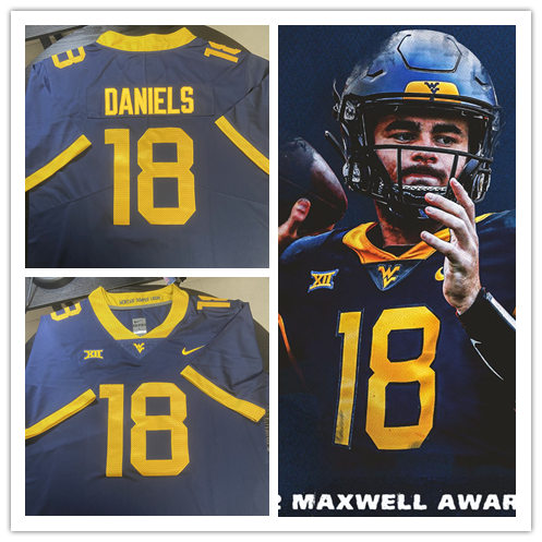 Mens West Virginia Mountaineers #18 JT Daniels Navy College Football Game Jersey