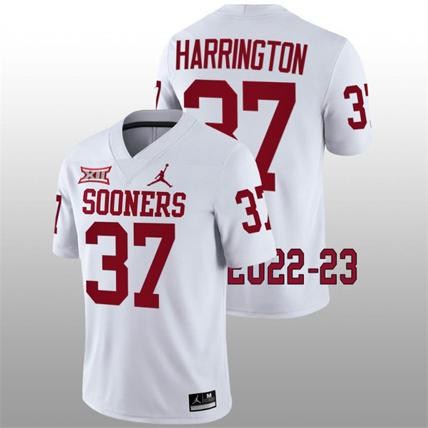 Mens Youth Oklahoma Sooners #37 Justin Harrington 2022 White College Football Game Jersey