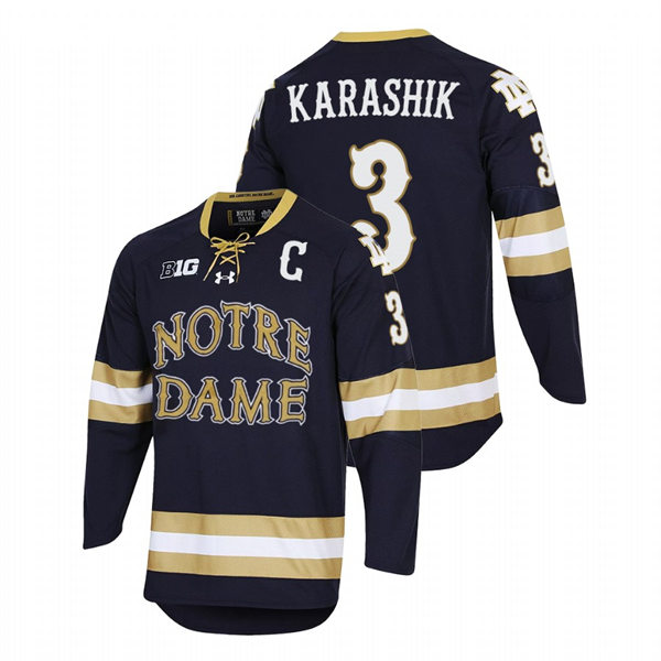 Mens Notre Dame Fighting Irish #3 Adam Karashik 2022 NCAA Regional Finals Hockey Jersey Navy