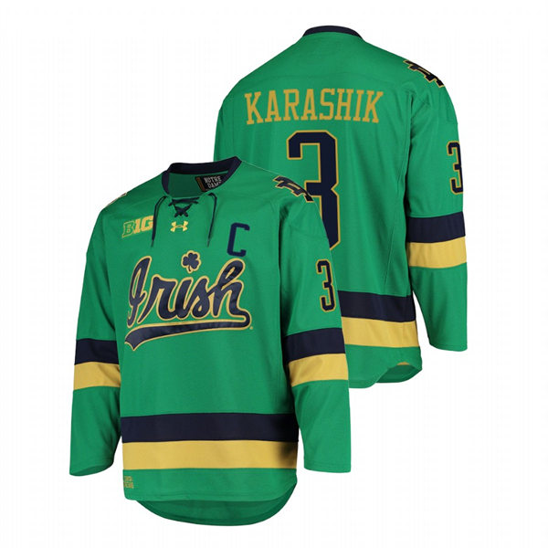 Mens Notre Dame Fighting Irish #3 Adam Karashik Green College Hockey Game Jersey