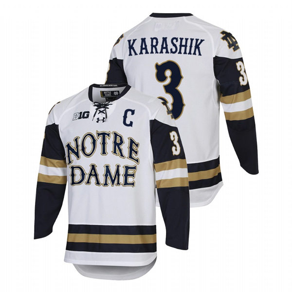 Mens Notre Dame Fighting Irish #3 Adam Karashik White Notre Dame Hockey Game Jersey
