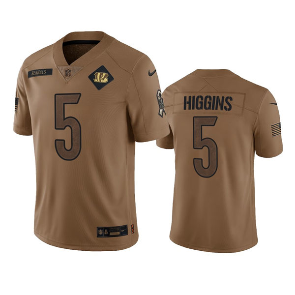 Men's Cincinnati Bengals #5 Tee Higgins Brown 2023 Salute To Service Limited Jersey