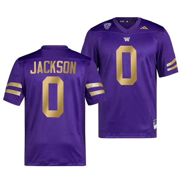 Mens Youth Washington Huskies #0 Giles Jackson Adidas 2023 Purple Gold College Football Game Premier Jersey