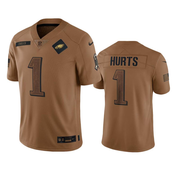 Mens Philadelphia Eagles #1 Jalen Hurts Brown 2023 Salute To Service Limited Jersey