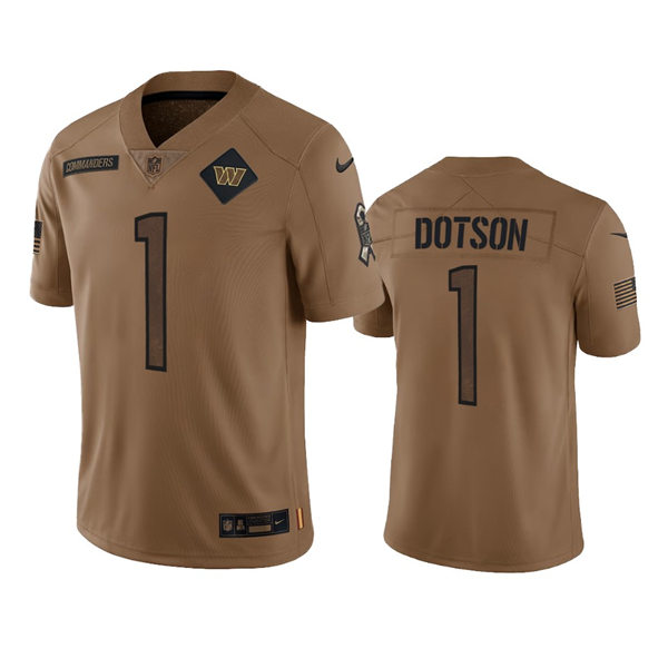 Mens Washington Commanders #1 Jahan Dotson Brown 2023 Salute To Service Limited Jersey